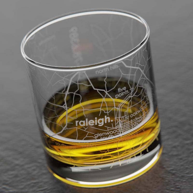 Well Told - Wholesale Cocktail/Liquor Glass - Raleigh, NC City Map - Etched Whiskey Rocks Glass2