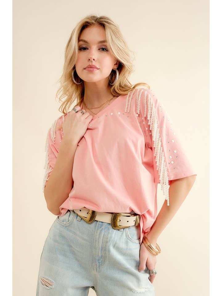 Blue B - Wholesale T-Shirt - Women's - 22610T - Pearl Fringe Shoulder T Shirt