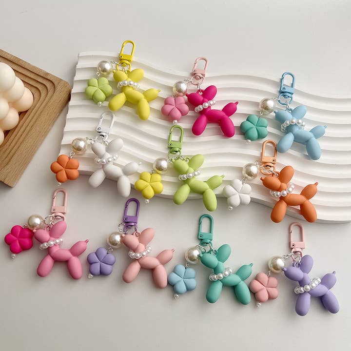 Floral Pearl Collar Balloon Puppy Keychain for wholesale by MKS America