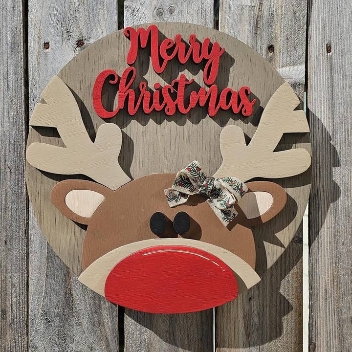 Reindeer Door Hanger Merry Christmas Sign, Rustic Birch Wood Decor 10" + 16" for wholesale by Southcoast Lasersmith