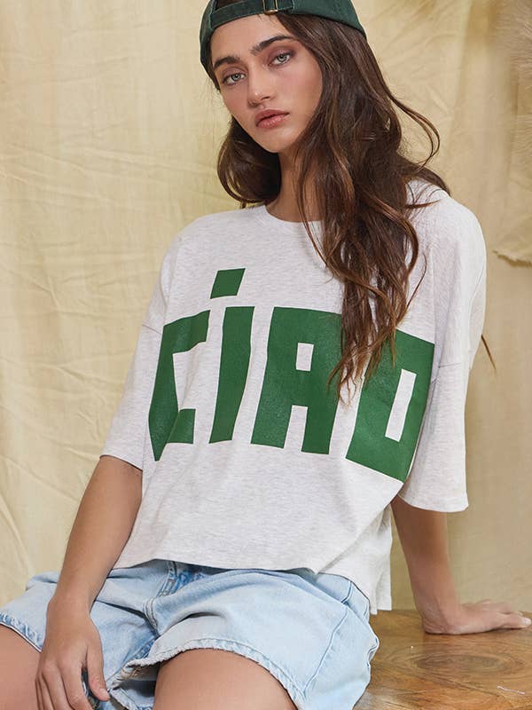 H grey Red T1754D 'CIAO' Graphic Jersey Boxy Crop Top for wholesale on Faire3