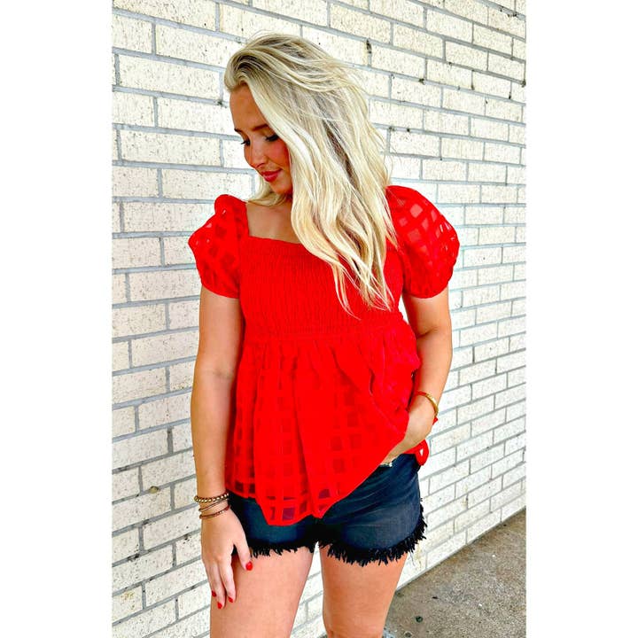 Red smocked top (on or off the shoulder) for wholesale by Gabriel Clothing Co