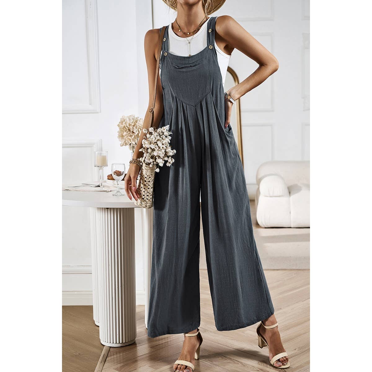 Supreme Fashion - Wholesale Overalls - Women's - Button Detail Wide Leg Overall Pockets Jumpsuit9