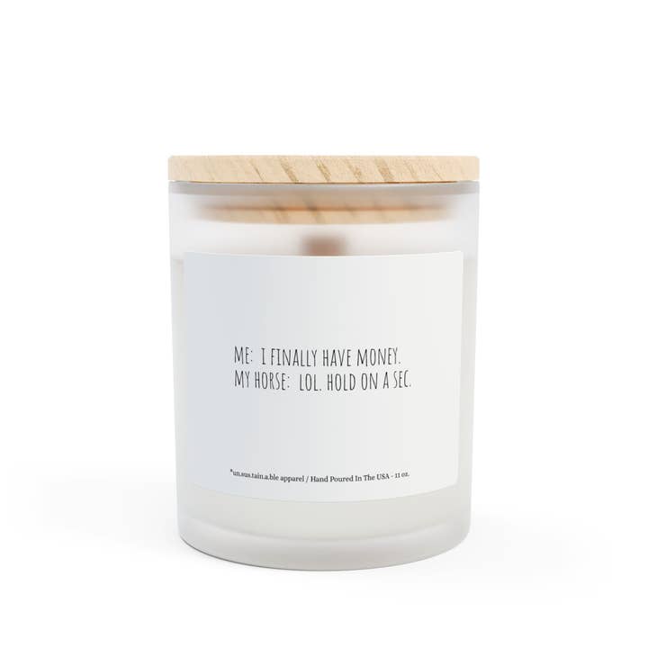 Frosted Glass Candle, 11oz - Hold On A Sec for wholesale by un.sus.tain.a.ble equestrian
