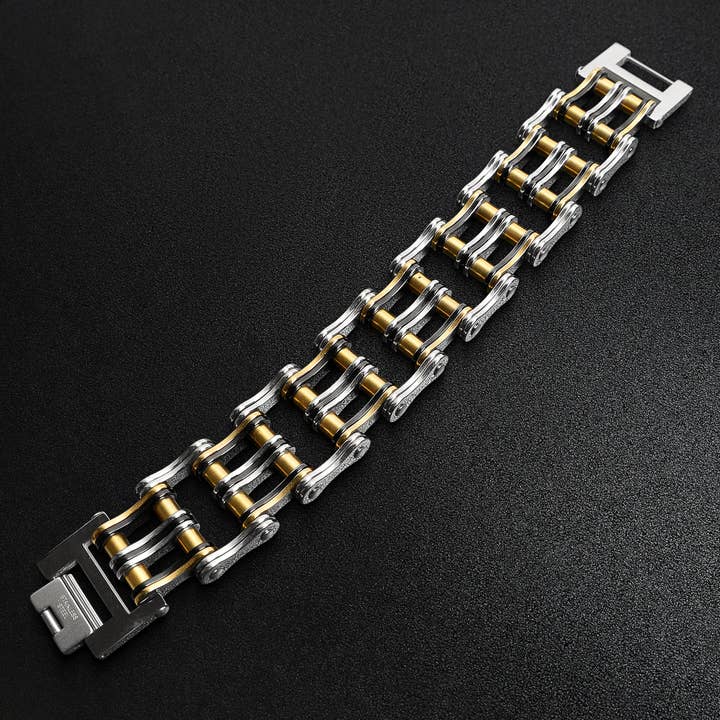 Stainless Steel Black And 18K Gold PVD Coated Double Bike Chain Bracelet for wholesale by WJW