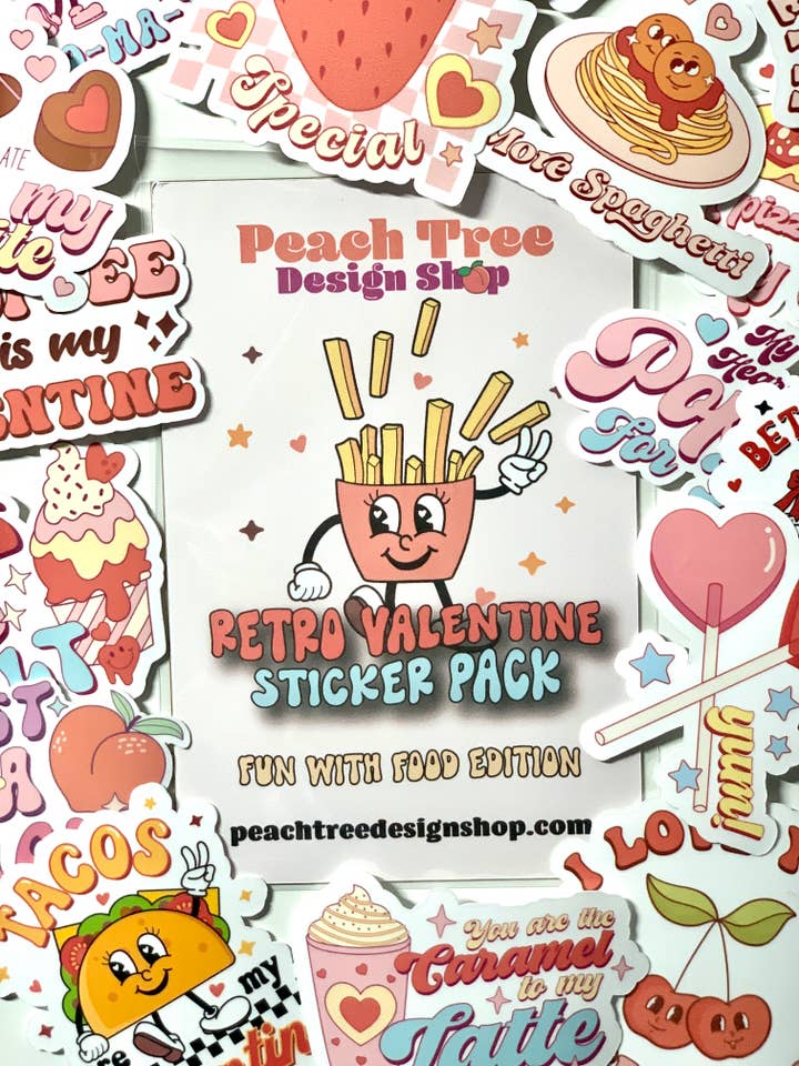 Paquete de 15 pegatinas retro para el Día de San Valentín con temática gastronómica para venta al por mayor de Peach Tree Design Shop