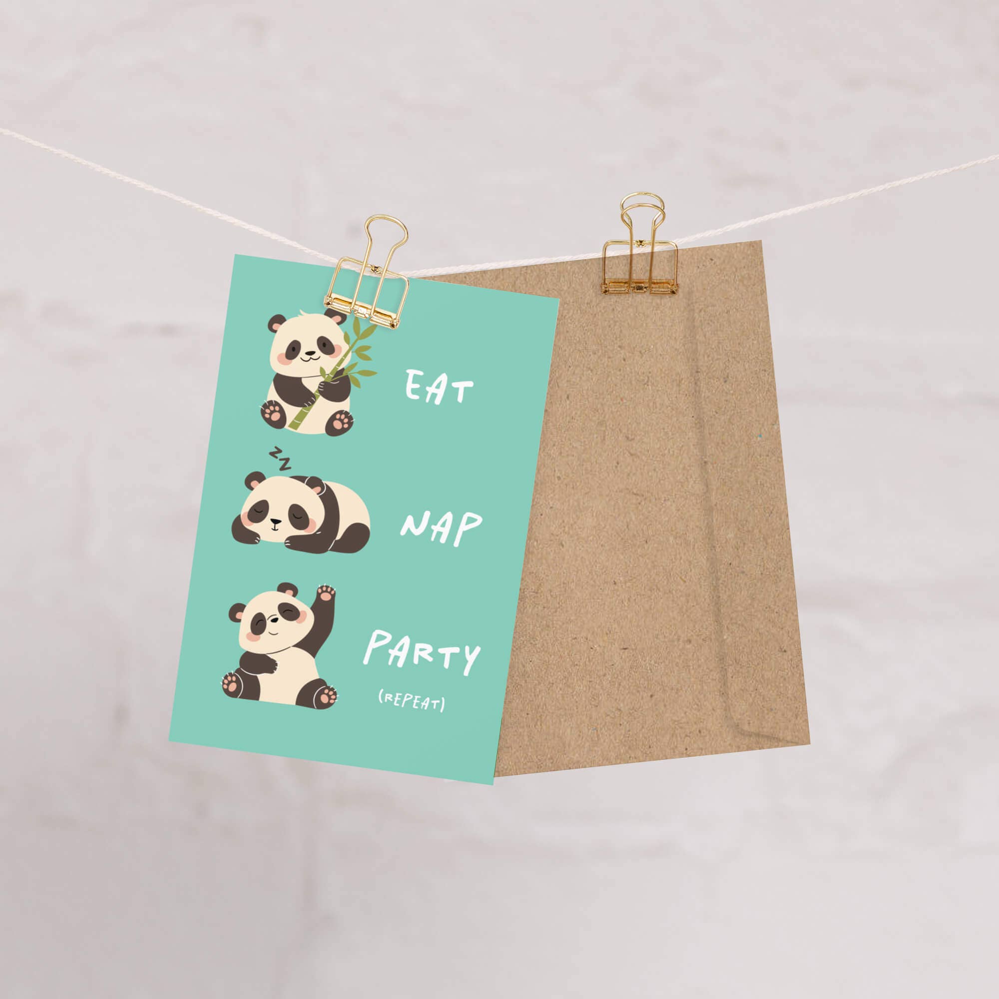 Cute Asian Cards – wholesale Födelsedagskort – Ät, vila, festa roligt födelsedagskort | Söta kinesiska panda asiatiska kort1
