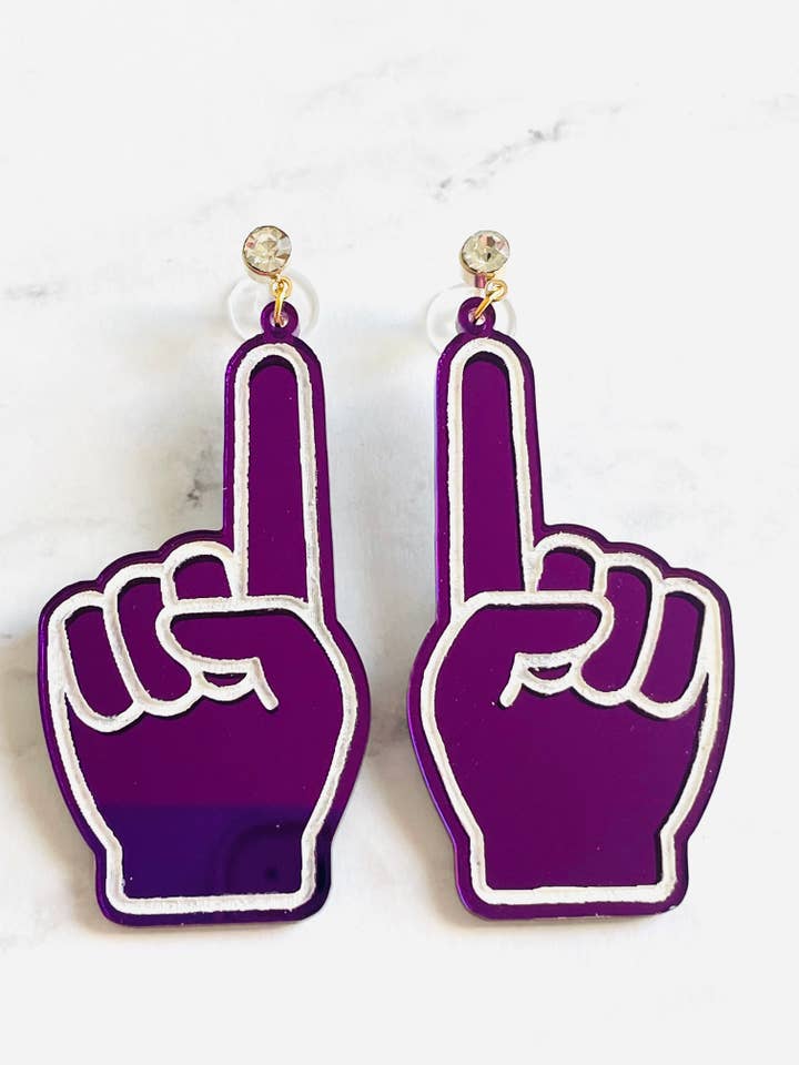 Purple Acrylic Foam Finger School & State Sports Earrings for wholesale by Louie Love