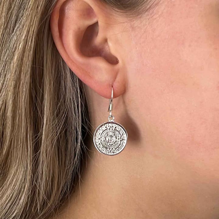 Global Crafts - Wholesale Dangle Earrings - Mexican Taxco Alpaca Silver Aztec Calendar Dangle Earrings