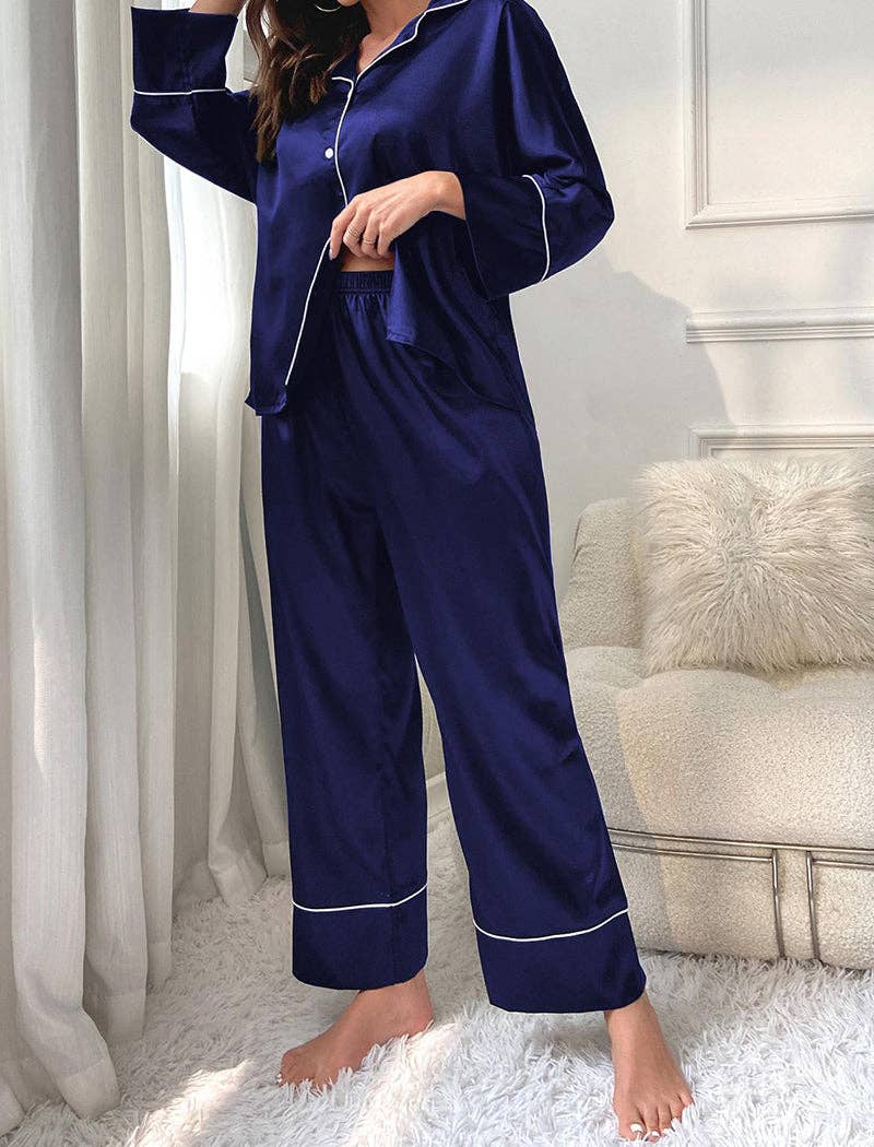 safistyle - Wholesale Sleepwear Set - Women's - Contrast Piping Button-Up Top and Wide-Leg Pants Set6