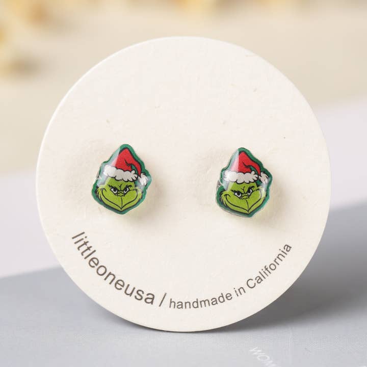 Boucles d'oreilles clous en titane Grinch chapeau de Noël automne 2025 pour la vente par littleoneusa