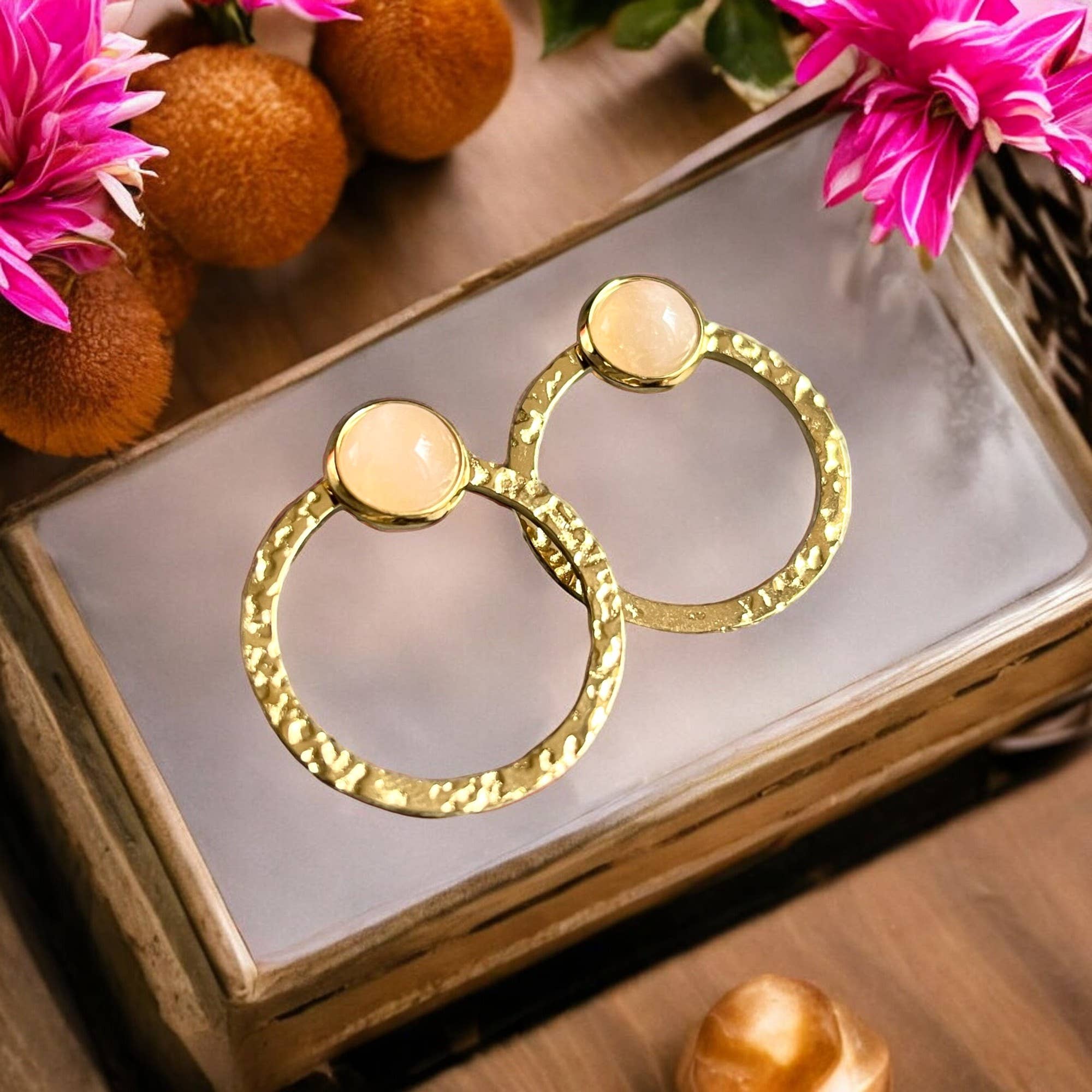 TOURMALYN - Venta al por mayor Pendientes de aro - Pendientes de cuarzo rosa de acero inoxidable «BRIGITTE»2