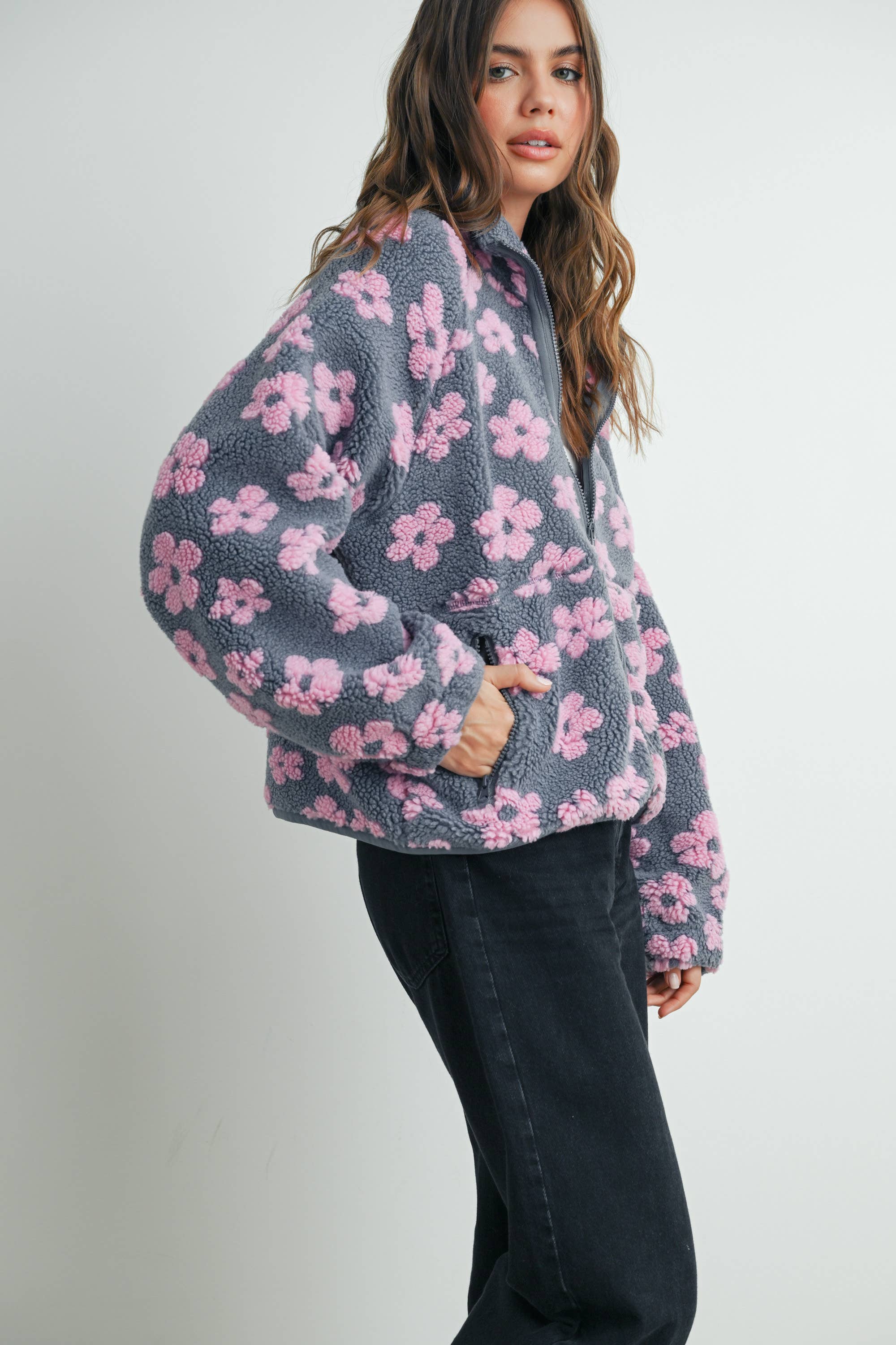 BUTTERMELON - Wholesale Fleece - Women's - Fall Daisy Flower Pattern Fleece Sherpa - BMJ70088