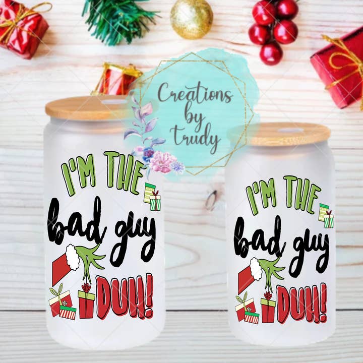 Creations by Trudy - Wholesale Drinking Glass/Cup - I’m the bad guy, duh! Grinch - Can Style Glass Drinkware