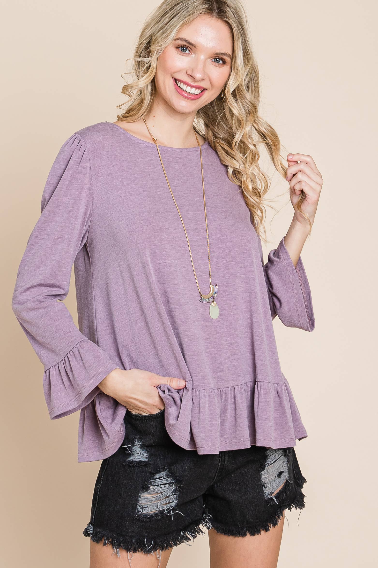 Emerald Collection - Wholesale Blouse - Women's - ETK-8690-PL Plus Size Babydoll Ruffle Hem Solid Top5