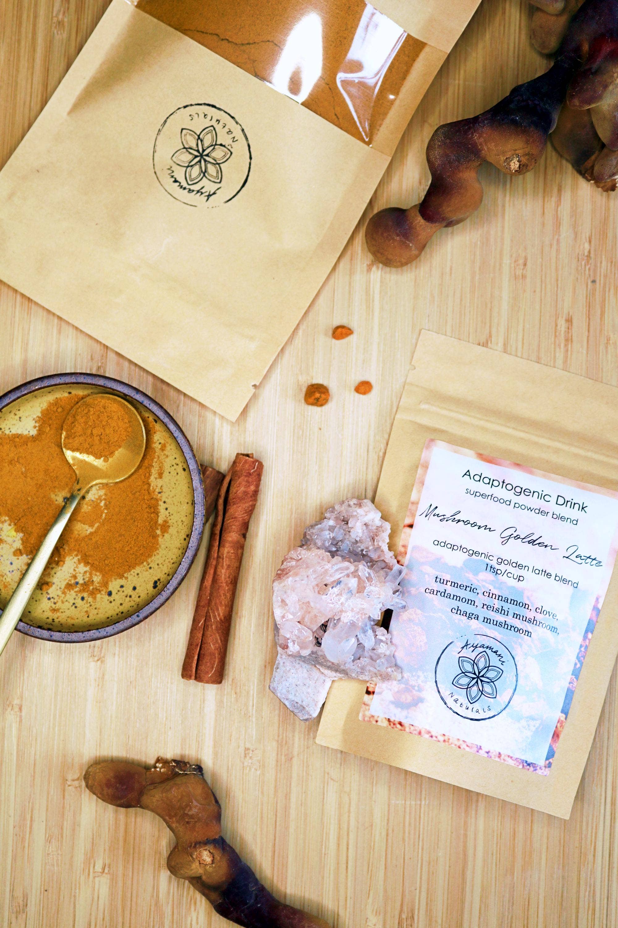 Ayamani Naturals - Vente Boisson diététique en poudre - Golden Latte aux champignons avec Reishi et Chaga, lait doré adaptogène vegan6