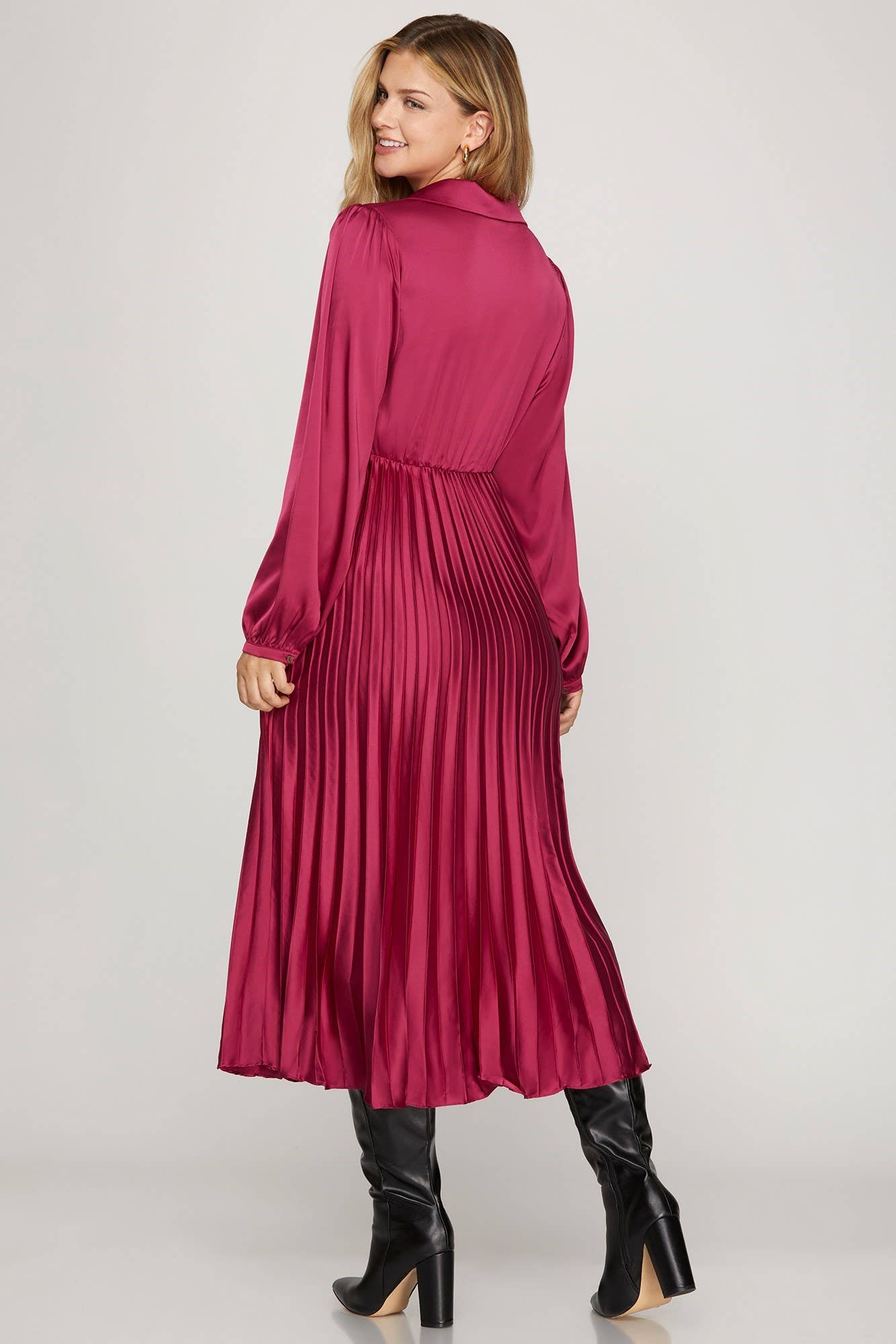 Vanilla Monkey - Wholesale Dress - Women's - Surplice Long Sleeve Woven Satin Pleated Midi Dress6