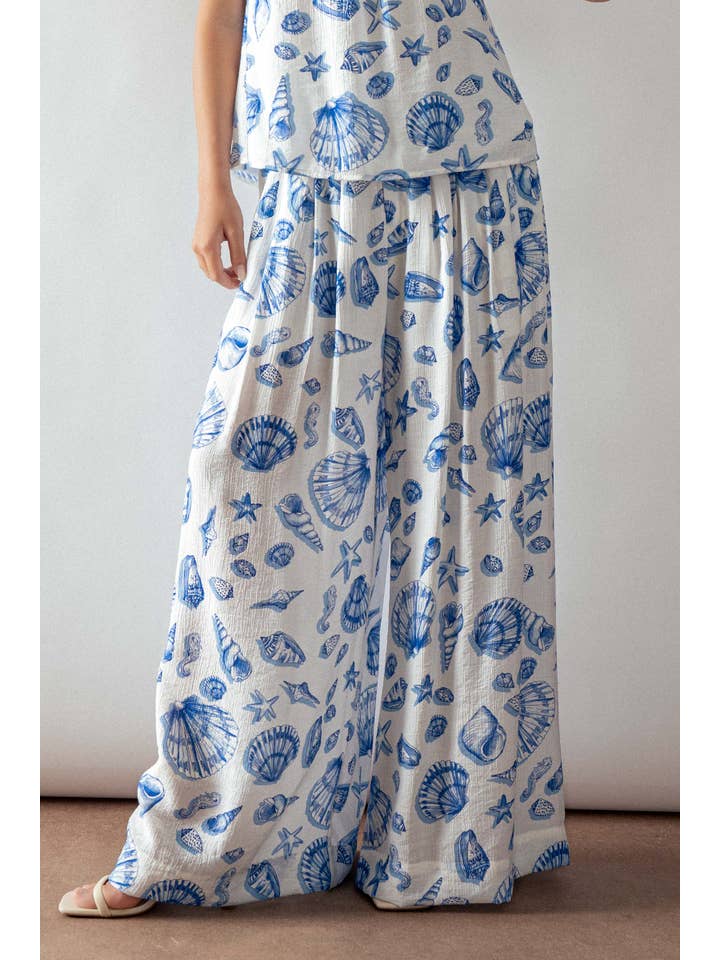 WHITE BLUE Seashell Print High-Waisted Wide-Leg Pants for wholesale on Faire