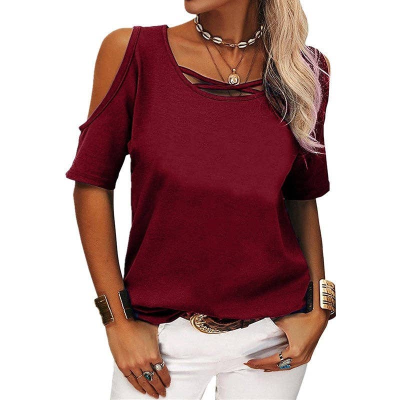 Sheer Trend – Blusa - Mulher por atacado – Camisola Casual de Ombro Descoberto de Cor Sólida0
