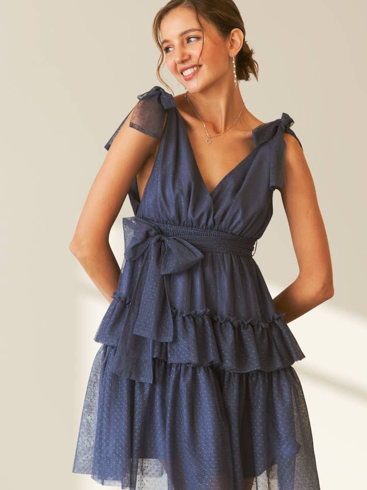 ADORA LA - Wholesale Dress - Women's - CED3533WN - TIE SHOULDER POLKA DOT MESH DRESS