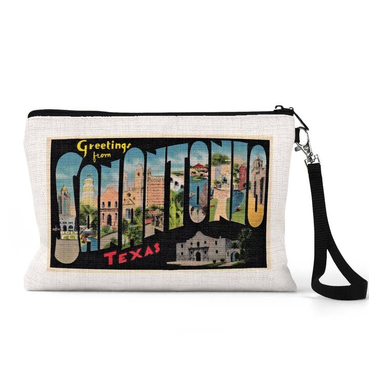 Daisy Mae Designs - Wholesale Pouch - Unisex - San Antonio Texas Postcard Wristlet Zipper Pouch Makeup Bag