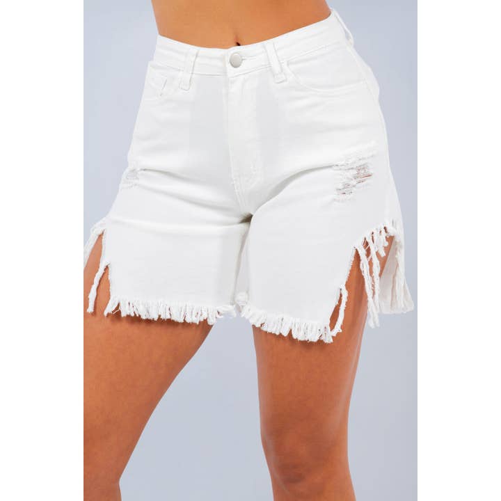 White Curvy Tummy Tuck Distressed and Fringed Bermuda for wholesale on Faire