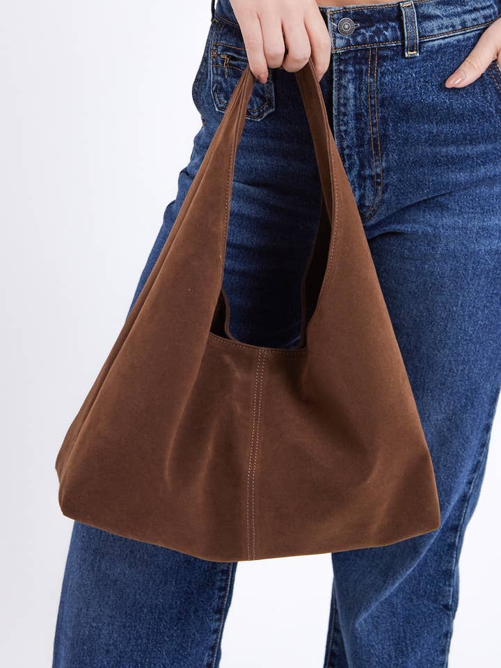 Slouchy Square Faux-Suede Shoulder Bag in Brown for wholesale by My Accessories London
