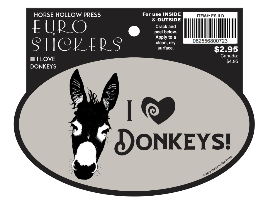Horse Hollow Press - Wholesale Sticker - Oval Equestrian Donkey Sticker / I love Donkeys / WATERPROOF2