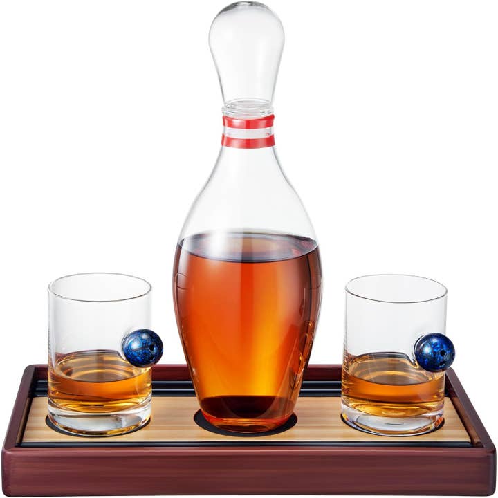 Bowling Pin Decanter Gift Set with 2 Matching Glasses for wholesale by The Wine Savant / Khen Glassware