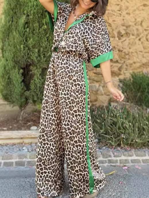 Rosa Clothing - Wholesale Lounge Set - Women's - Leopard Print Contrast Trim Shirt Top Pants Lounge Set7