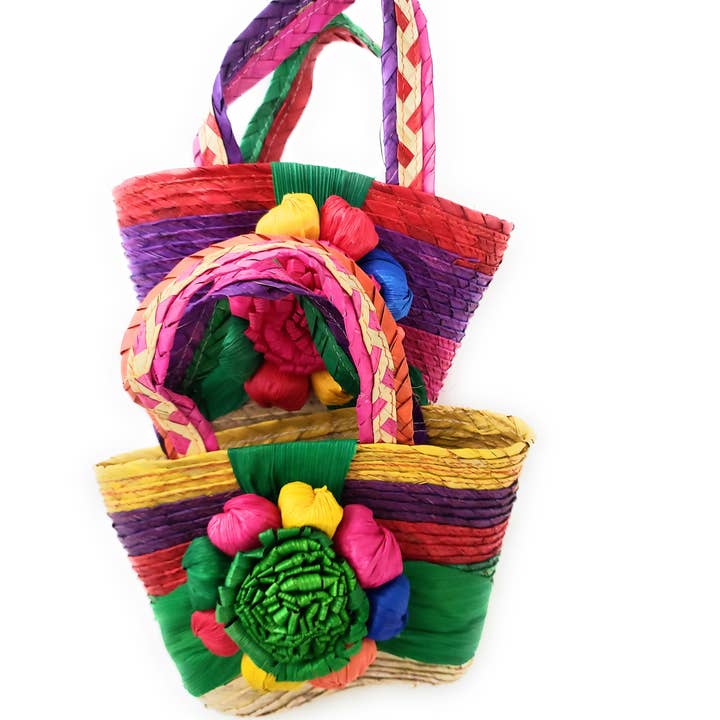 The Little Pueblo - Wholesale Beach Bag - Mexican Floral Palm Bag Handmade Candy Bag Flower Straw Bag