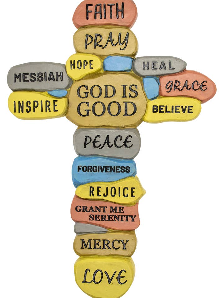 Resin "God is My Rock" Wall Cross with Inspirational Sayings for wholesale by Village Gift Importers