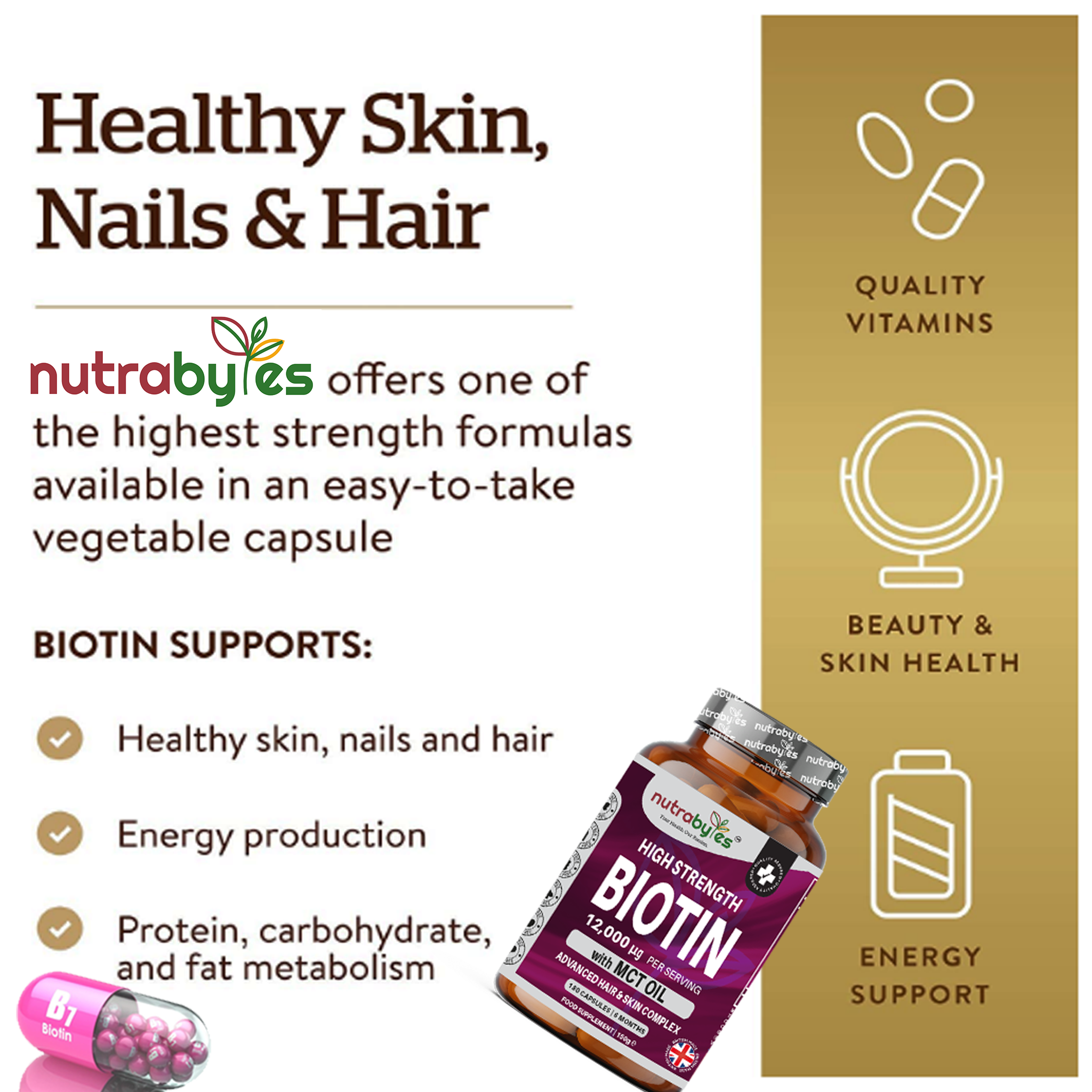 NUTRABYTES - Wholesale Oral Supplement/Vitamin - High Strength Biotin 12000mcg with MCT Oil (Coconut) | 180 Capsules (6 months) | Hair & Skin | Made in the UK2