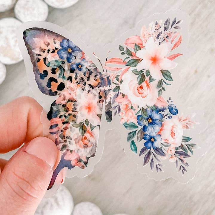 Spring Floral Butterfly Clear Vinyl, Sticker, 3x3 in. for wholesale by Savannah and James Co