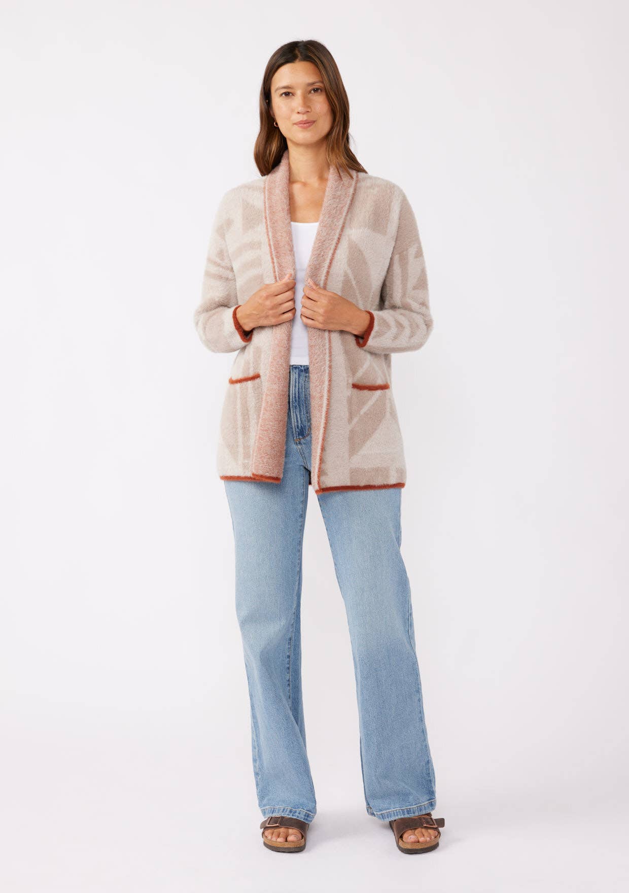 Oatmeal Natural Tribal Shawl Collar Cardigan for wholesale on Faire5