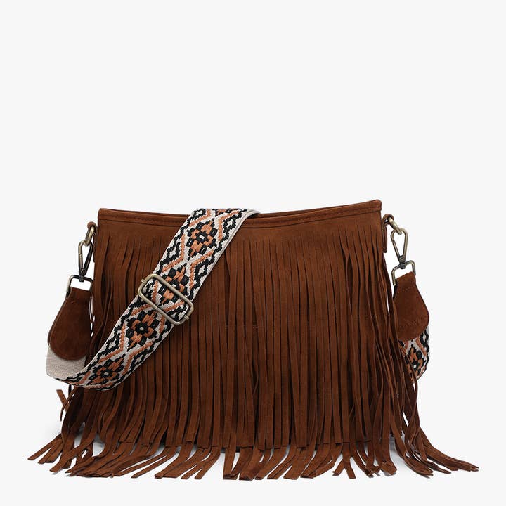 Jen & Co. - Wholesale Crossbody Bag - Women's - *SALE* M2045 Sadie Suede Fringe Crossbody w/ Guitar Strap