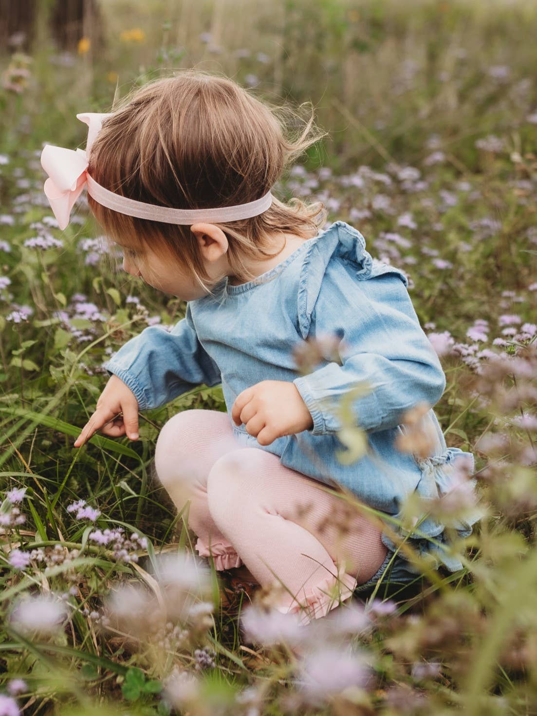 Blue Baby Girls Light Wash Denim Long Sleeve Flutter Bubble Romper for wholesale on Faire5