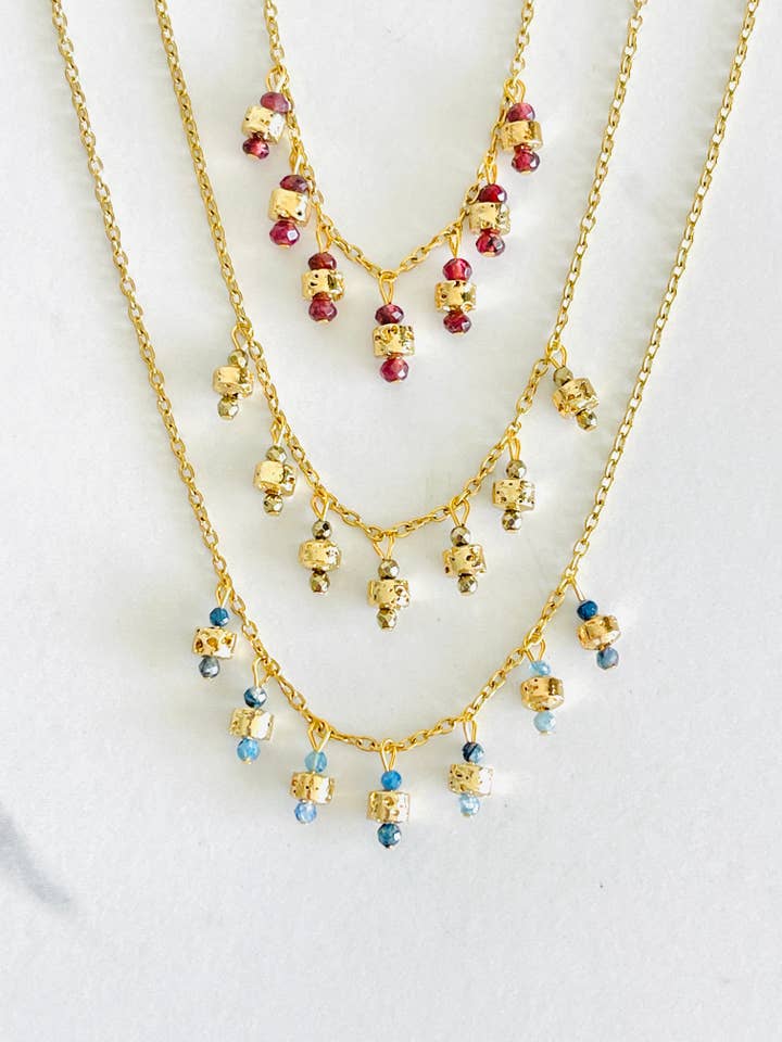 Minimalist Tiny Gold and Stone Charms Fringe Necklace for wholesale by Hand Art Soul