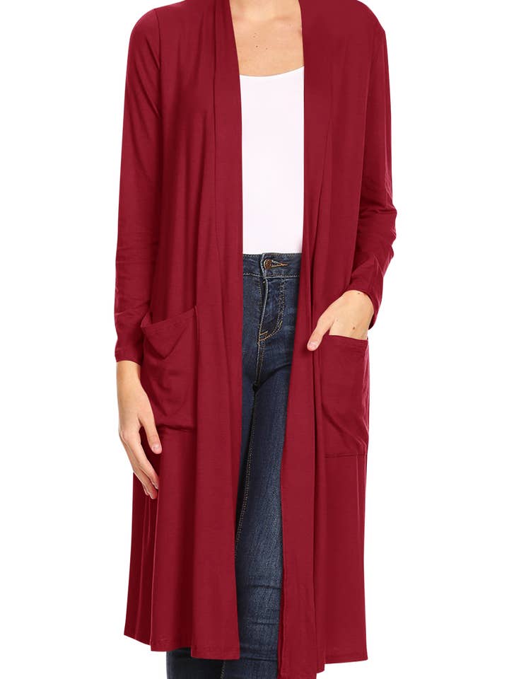 Casual Loose Fit Open Front Side Pockets Solid Long Cardigan for wholesale by MOA COLLECTION