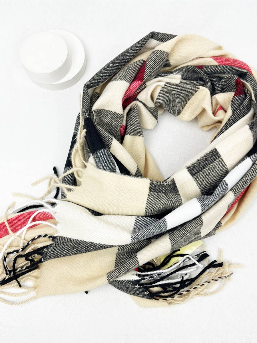 Beige Plaid Cashmere Scarf With Tassel for wholesale on Faire2