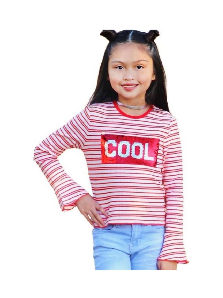 GKT-18-1429B Girl's Stripe Knit Top w/ 'Cool' Sequins for wholesale by Cutie Patootie Clothing