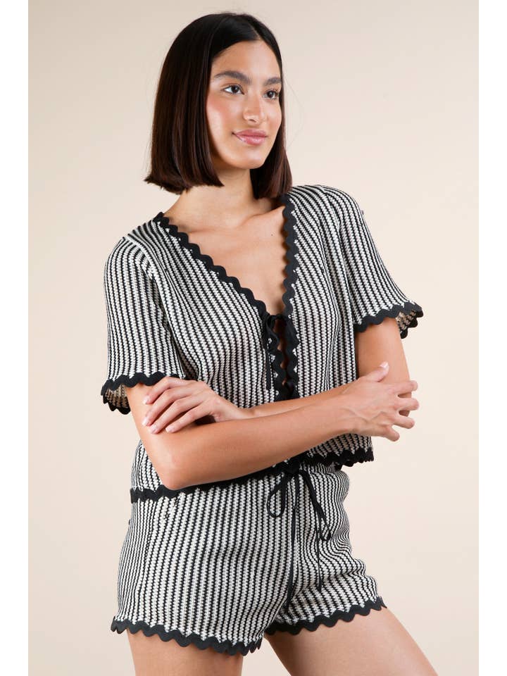 VERY J - Wholesale Lounge Set - Women's - NT12019SET-Wave Trim Detail Knit Top & Shorts Set20