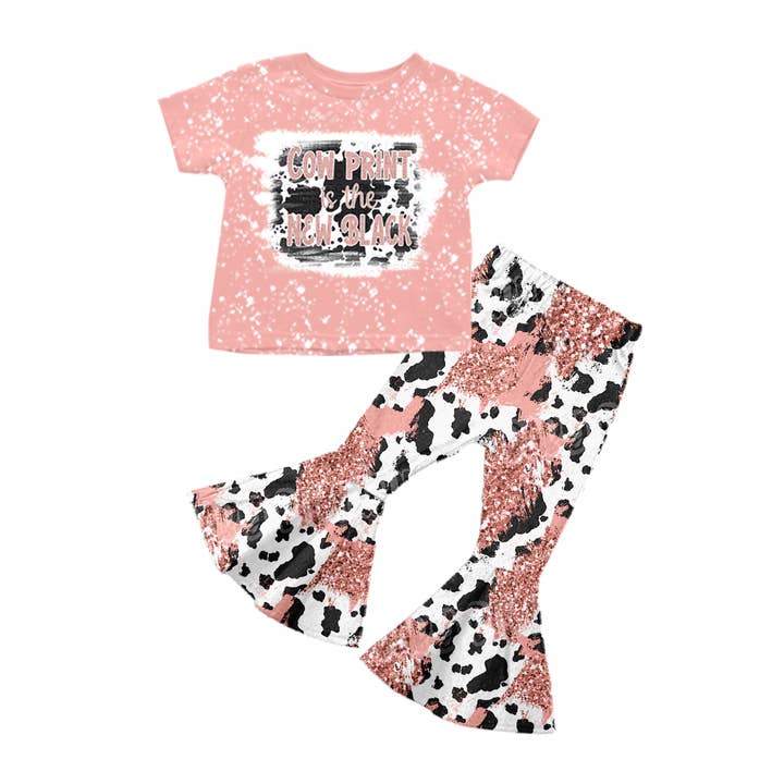 Aier Wholesale - Wholesale Top & Pant Set - Kids - Baby girls Cow Print Pink Western bell pants clothes sets