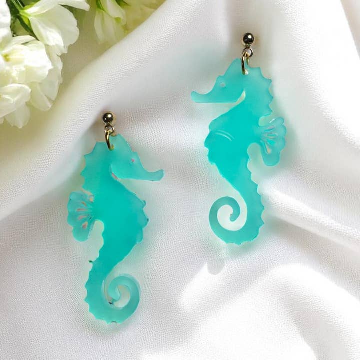 Seahorse Acrylic Earrings – Coastal Summer Statement for wholesale by Fish Towne Designs, LLC