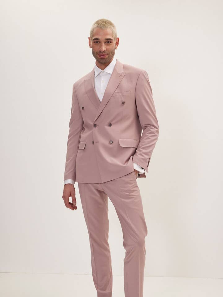 Men's Super 120S Merino Wool Double Breasted Suit - Blush for wholesale by Ron Tomson