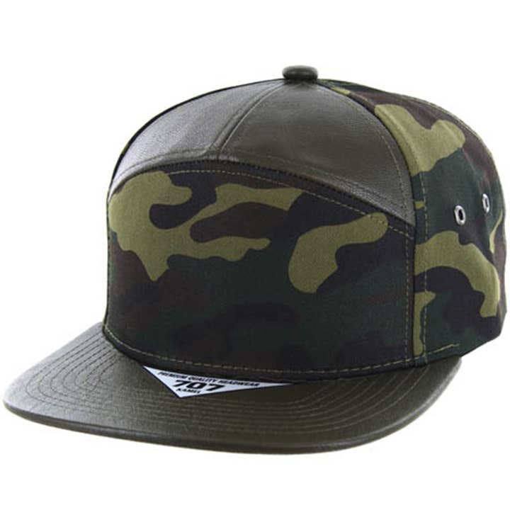 Cappellino Snapback Camo 7 Pannelli in PU per la vendita all'ingrosso da parte di Zion Brand