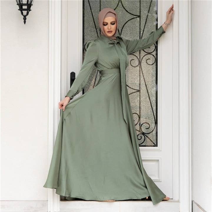 FurDecoration - Wholesale Dress - Women's - Solid Color Muslim Fashion Big Swing Satin Dress3