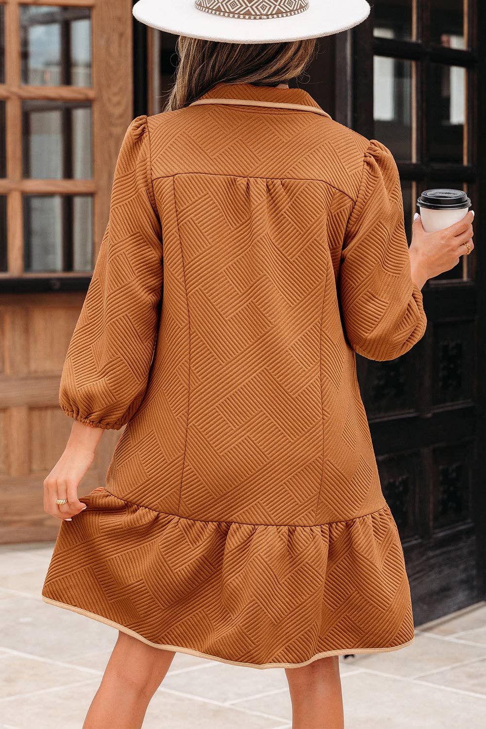 Desert Gold Textured Quarter Zip Collar 3/4 Sleeve Mini Dress for wholesale on Faire11