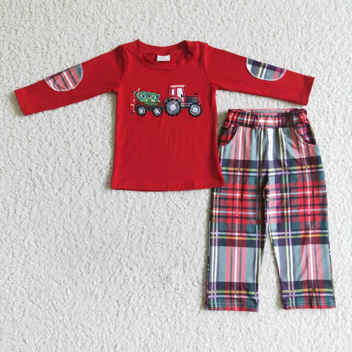 Yawoo Garments - Wholesale Top & Pant Set - Kids - Christmas tree tractor embroidery boy clothing set