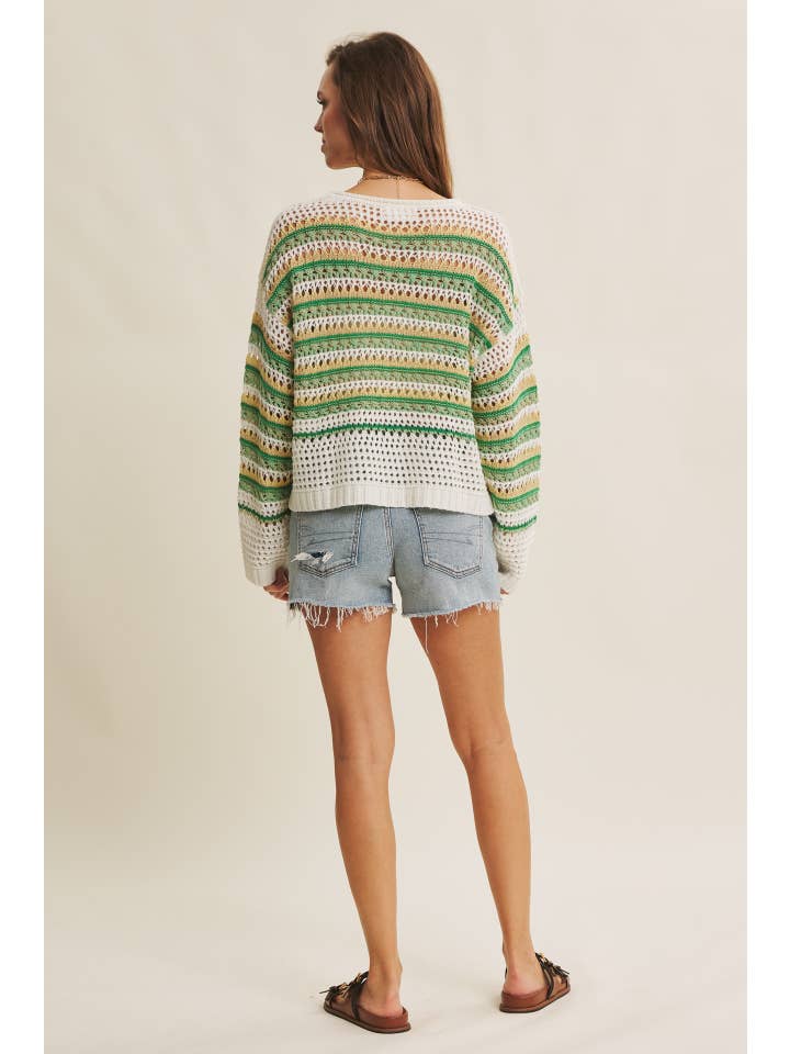 in february - Wholesale Knit Sweater - Women's - BRIGHT VIBRANT MULTI STRIPE LOOSE FIT CROCHET SWEATER TOP30